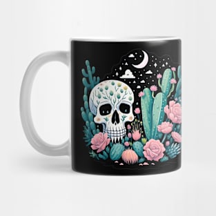 Cactus and Skull with Flowers Starry Night Moon and Stars Mug